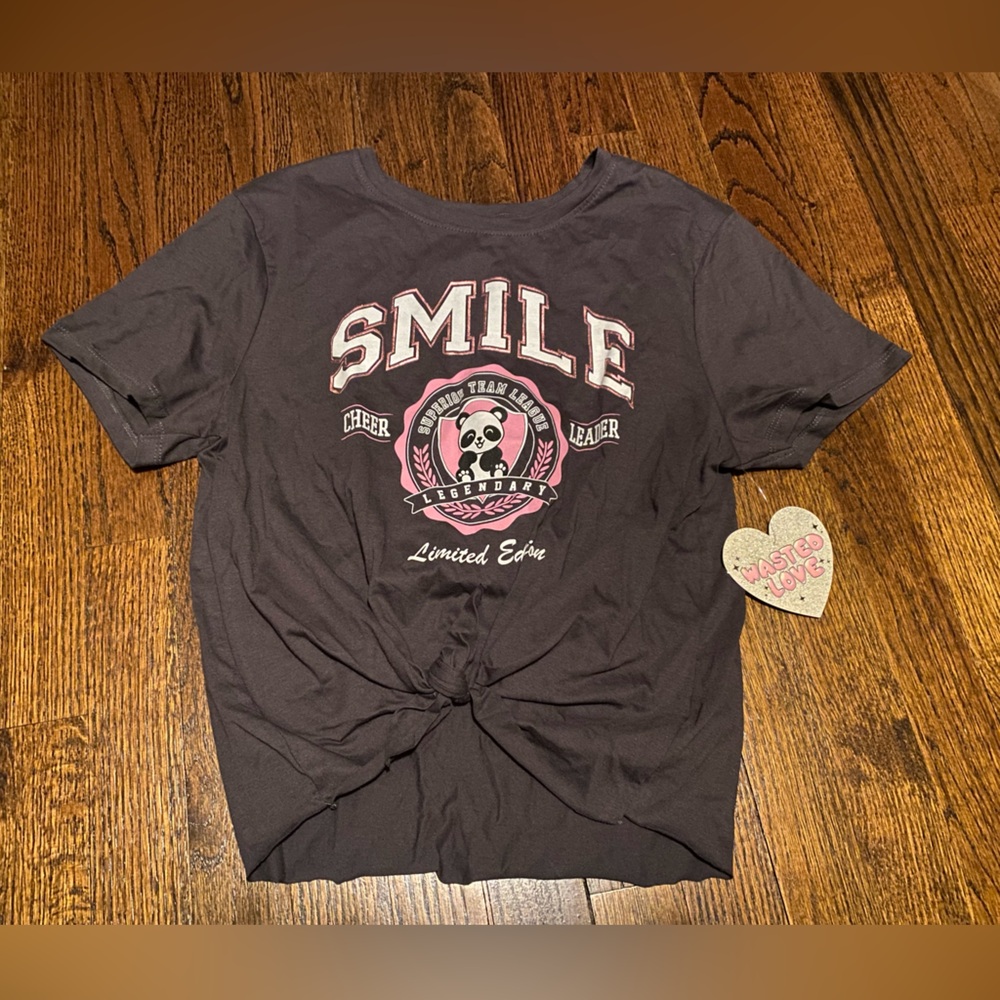 Wasted Love SMILE Cheer Leader graphic tee novelty print panda bear raw hem crop